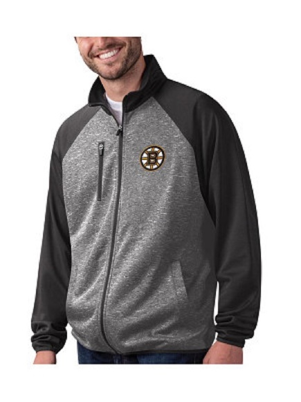NHL Men's Bruins Heather Gray and Black Full-Zip Jacket with Team Crest XL